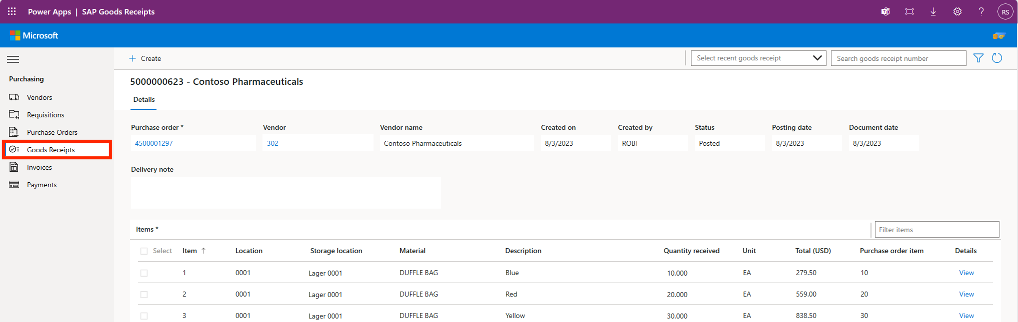 Imagen de la aplicación de pedidos de compra SAP Procurement de Microsoft para Power Platform.