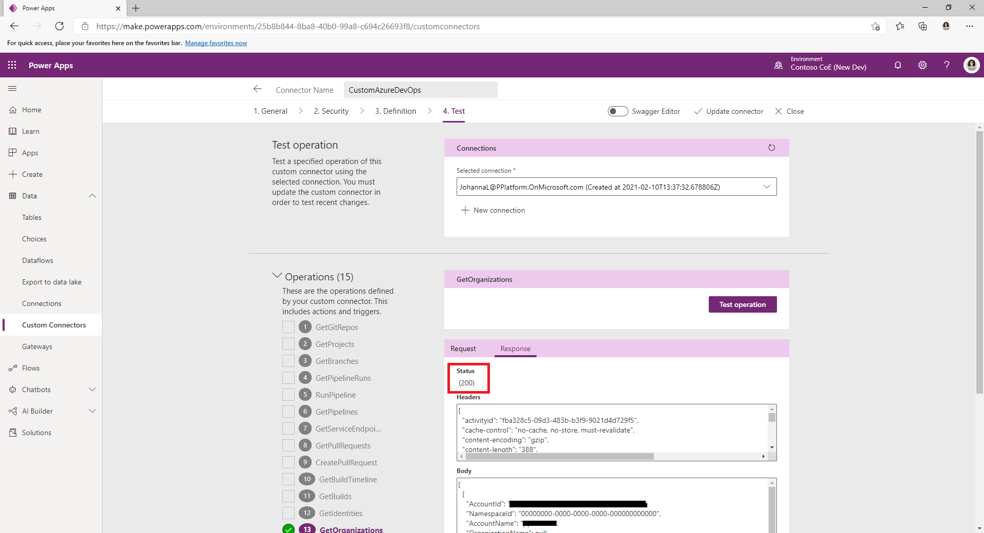 Captura de pantalla de la configuración de seguridad de prueba para un conector personalizado de Azure DevOps.