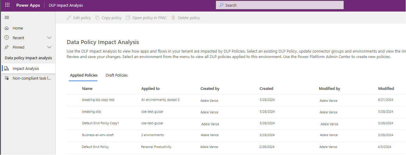 Captura de pantalla que muestra la página Análisis de impacto de DLP del menú Análisis de impacto de la política de datos.