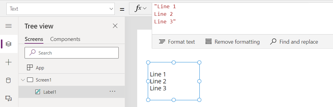 Cadena de texto incrustada y control de etiqueta que muestra tres líneas con Línea 1, Línea 2 y Línea 3.