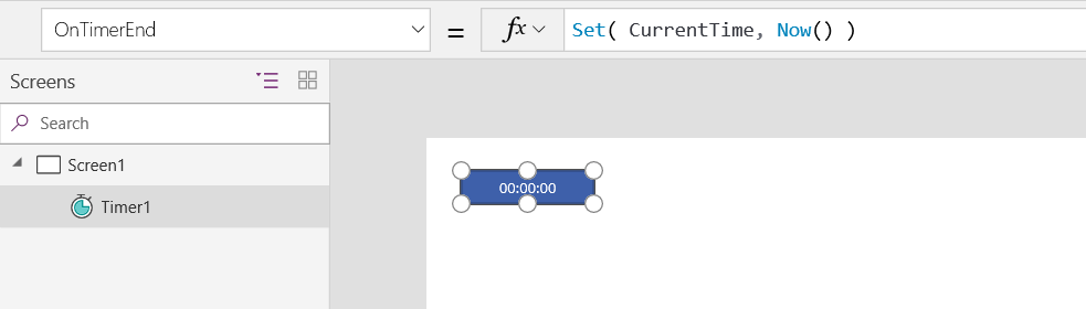 Pantalla que contiene un control de temporizador con la fórmula OnTimerEnd = Set(CurrentTime, Now()).