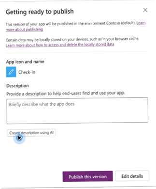 Esto muestra el cuadro de diálogo de publicación del creados de la aplicación de lienzo con una opción para 'Crear descripción utilizando IA'