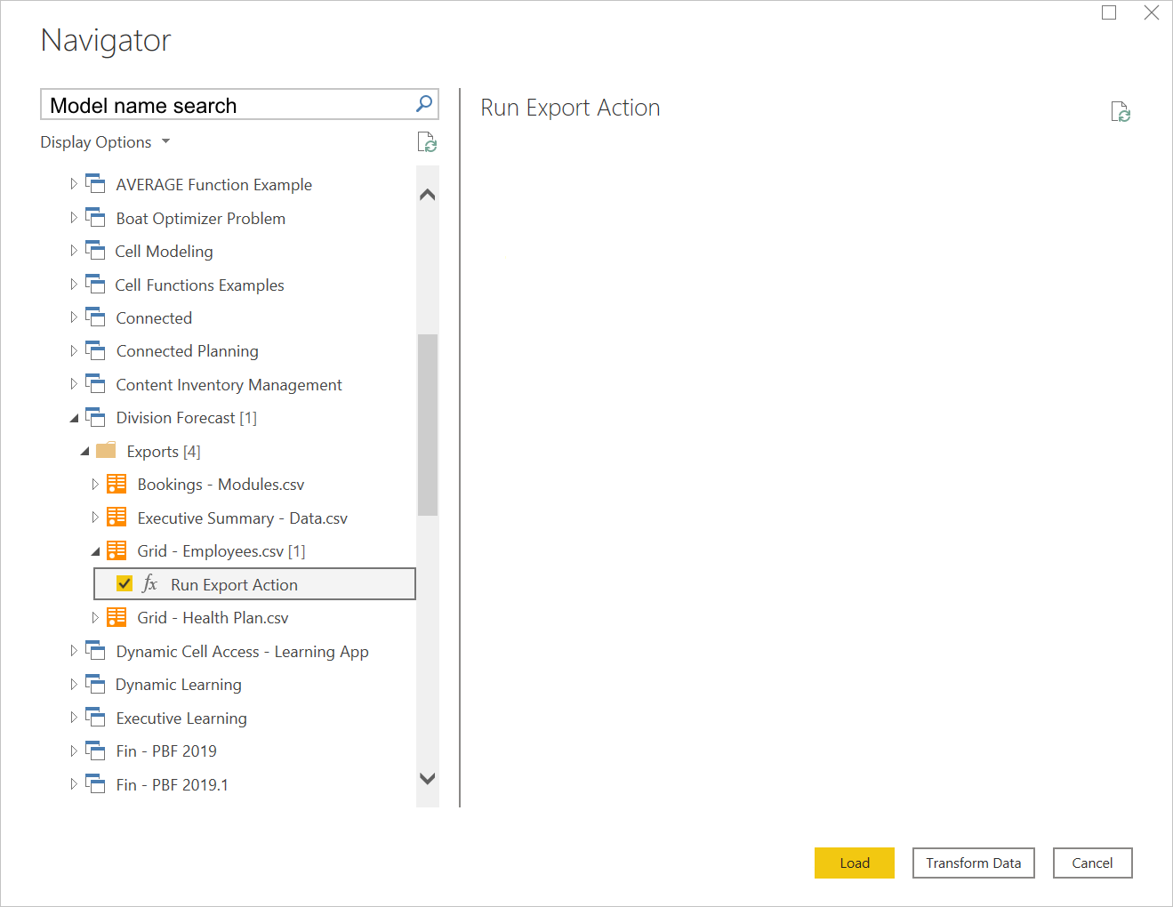 Ejecutar acción Exportar y cargar.