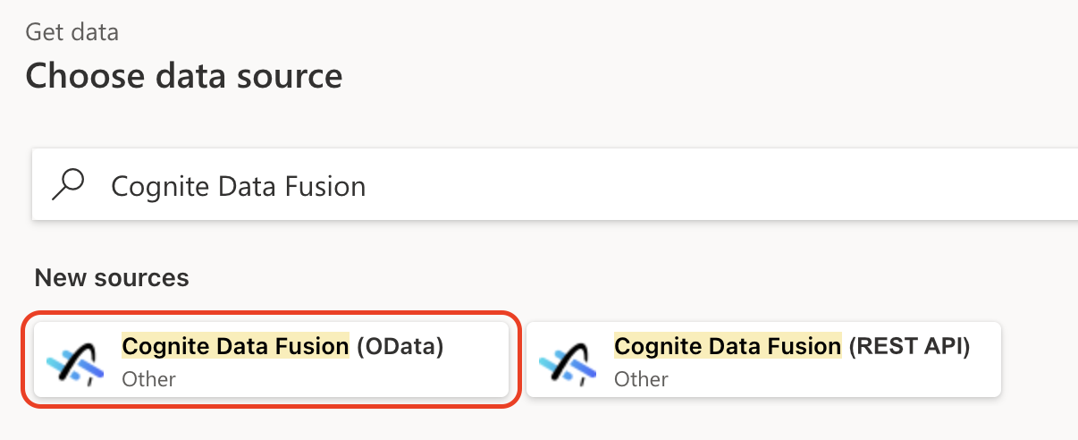 Captura de pantalla de la ventana de Obtener datos, con Cognite Data Fusion (OData) resaltado.