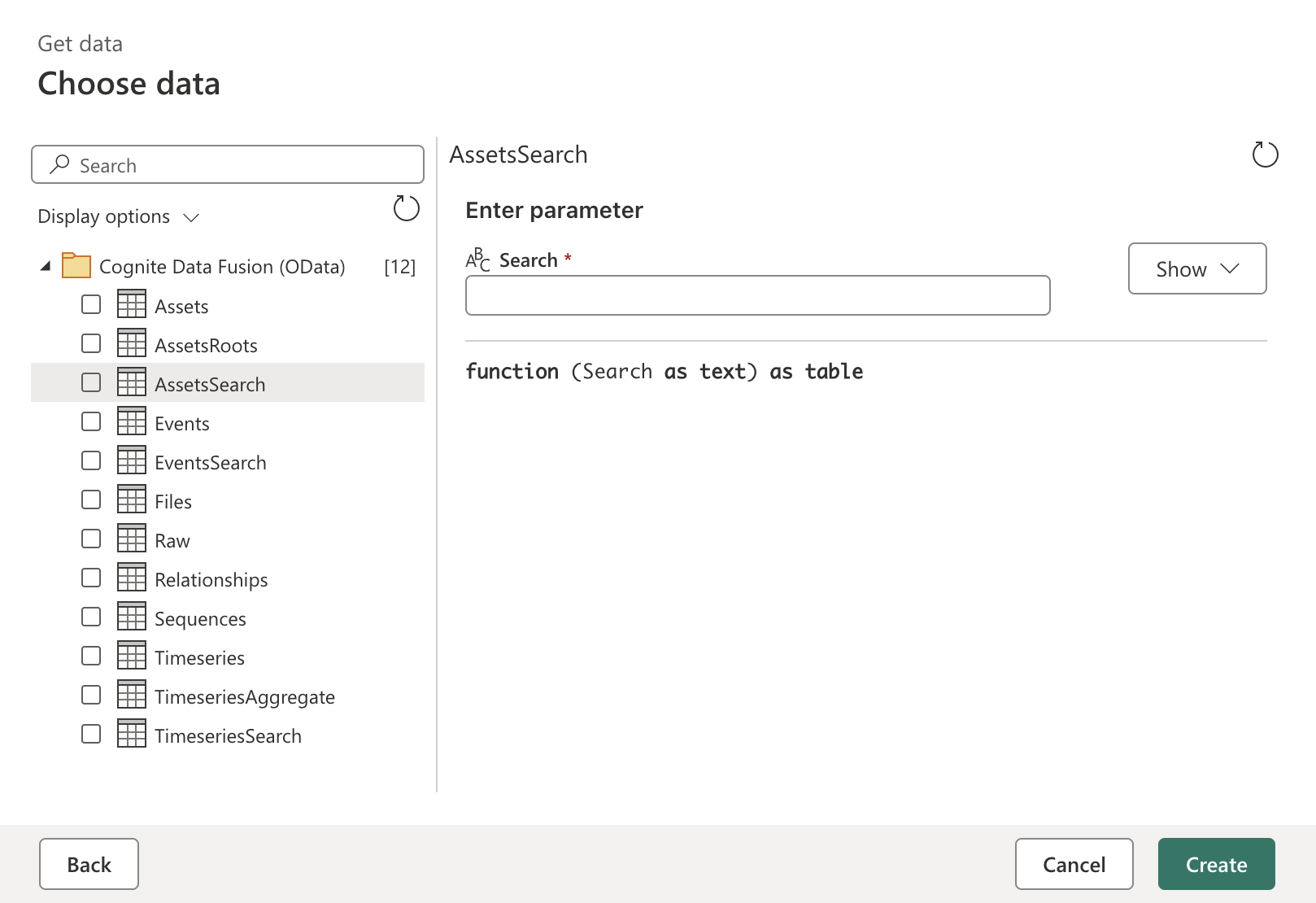 Captura de pantalla del navegador en línea de Power Query que muestra las tablas disponibles.