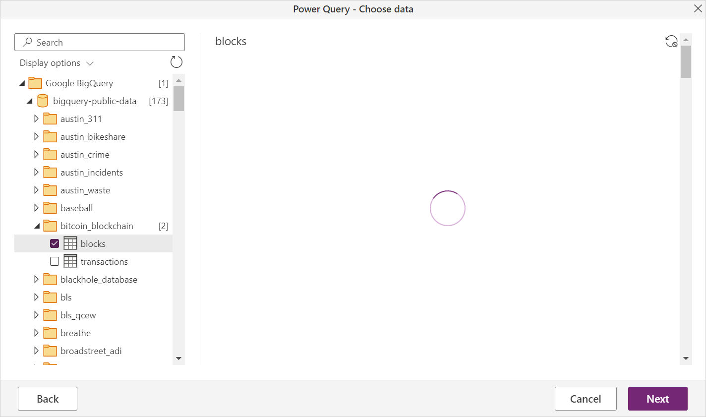 Imagen del navegador de Power Query que carga datos de Google BigQuery en la aplicación en línea.