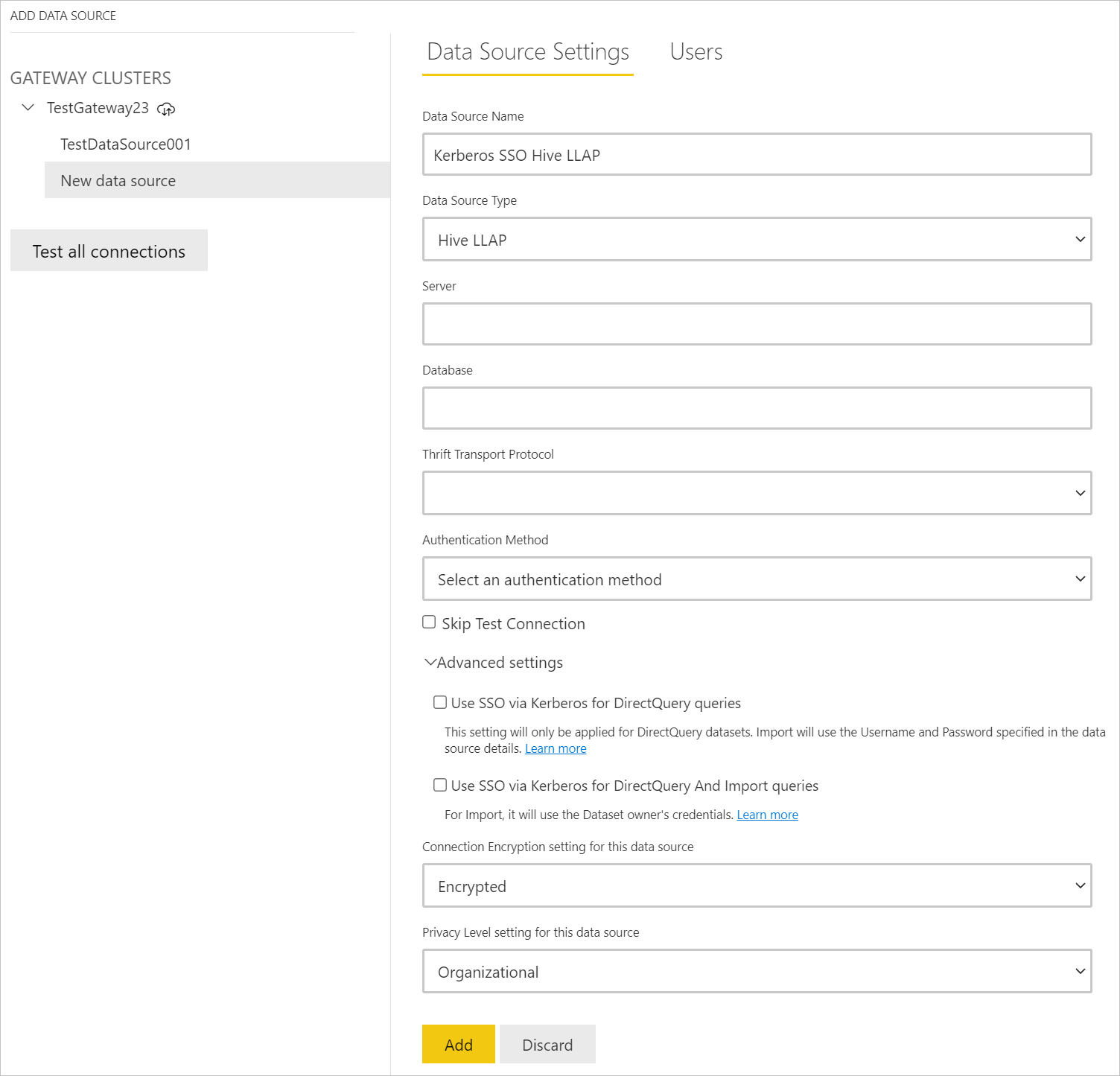 Cuadro de diálogo Agregar origen de datos que muestra la configuración avanzada de Kerberos.