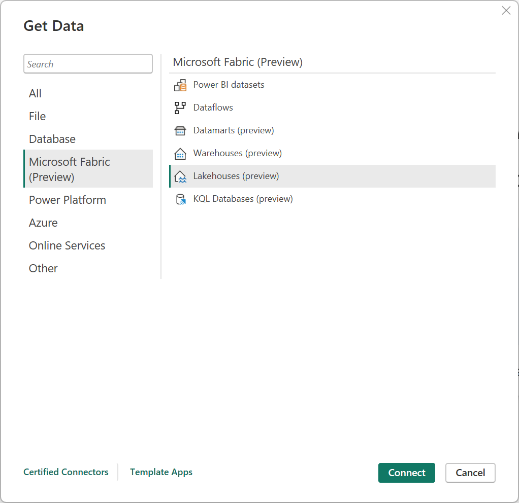 Screenshot of the Get data dialog with the Lakehouse connector emphasized.
