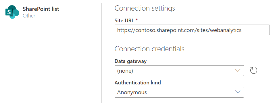 Imagen de la página de lista de SharePoint Online con la información de la dirección URL del sitio rellenada.