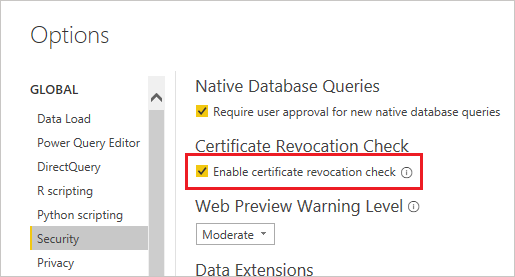 Captura de pantalla del recuadro Habilitar la comprobación de revocación de certificado seleccionado.