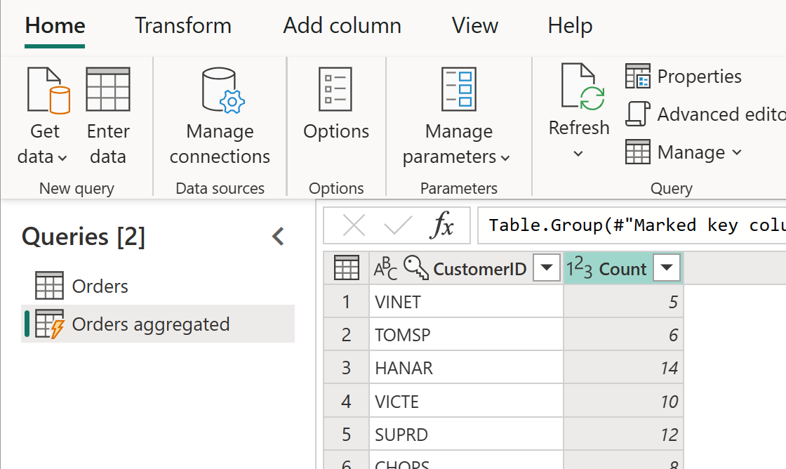 Captura de pantalla de la tabla agregada de pedidos con la columna de cliente resaltada.