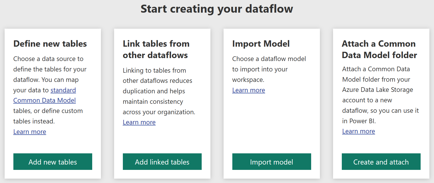Captura de pantalla del menú Crear flujo de datos donde aparecen las opciones Definir nuevas tablas, Vincular tablas de otros flujos de datos, Importar modelo y Asociar una carpeta common Data Model.