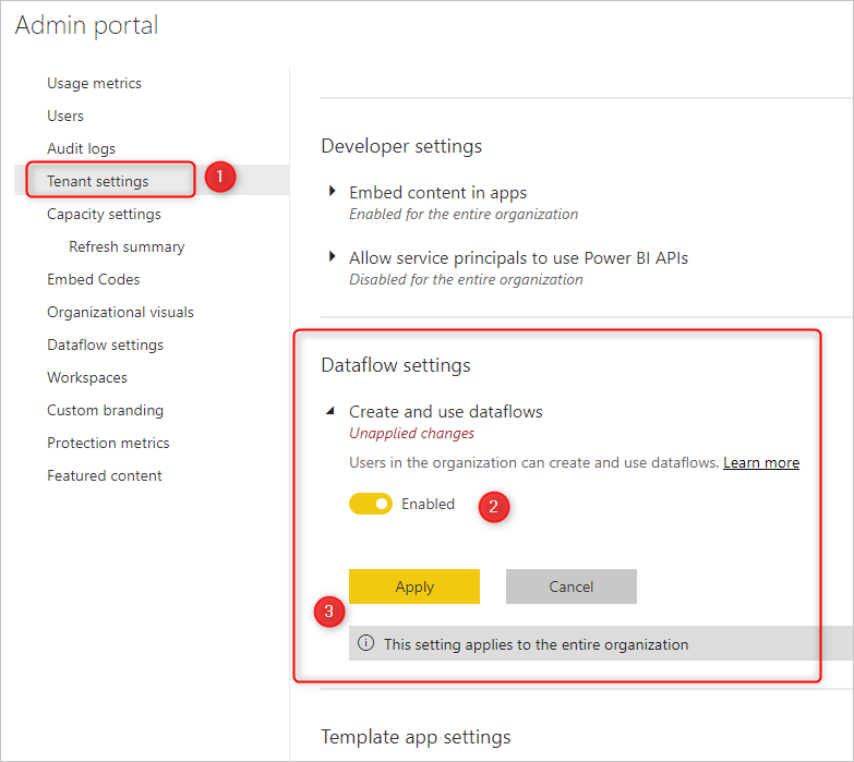 Captura de pantalla de la ventana del portal de administración con la configuración del inquilino y la sección configuración del flujo de datos resaltada.