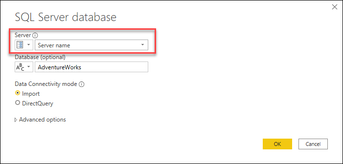 Cuadro de diálogo de base de datos de SQL Server con el parámetro para el nombre del servidor.