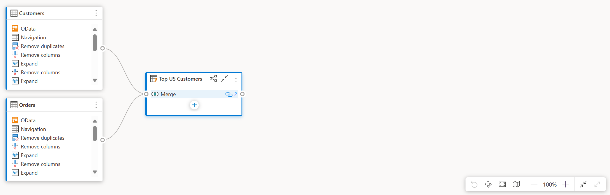 Vista de diagrama que muestra una consulta en vista compacta, donde los pasos se muestran de arriba abajo en lugar de izquierda a derecha.