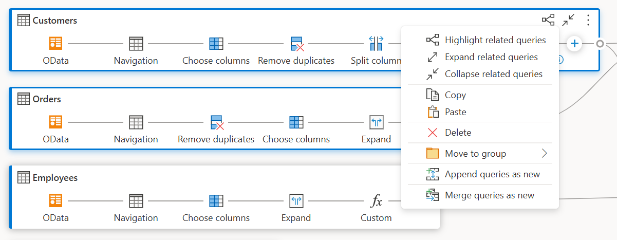 En la vista de diagrama, tres consultas resaltadas en azul claro, lo que significa que han sido multiseleccionadas, con un menú contextual en un recuadro rojo que muestra diferentes operaciones.