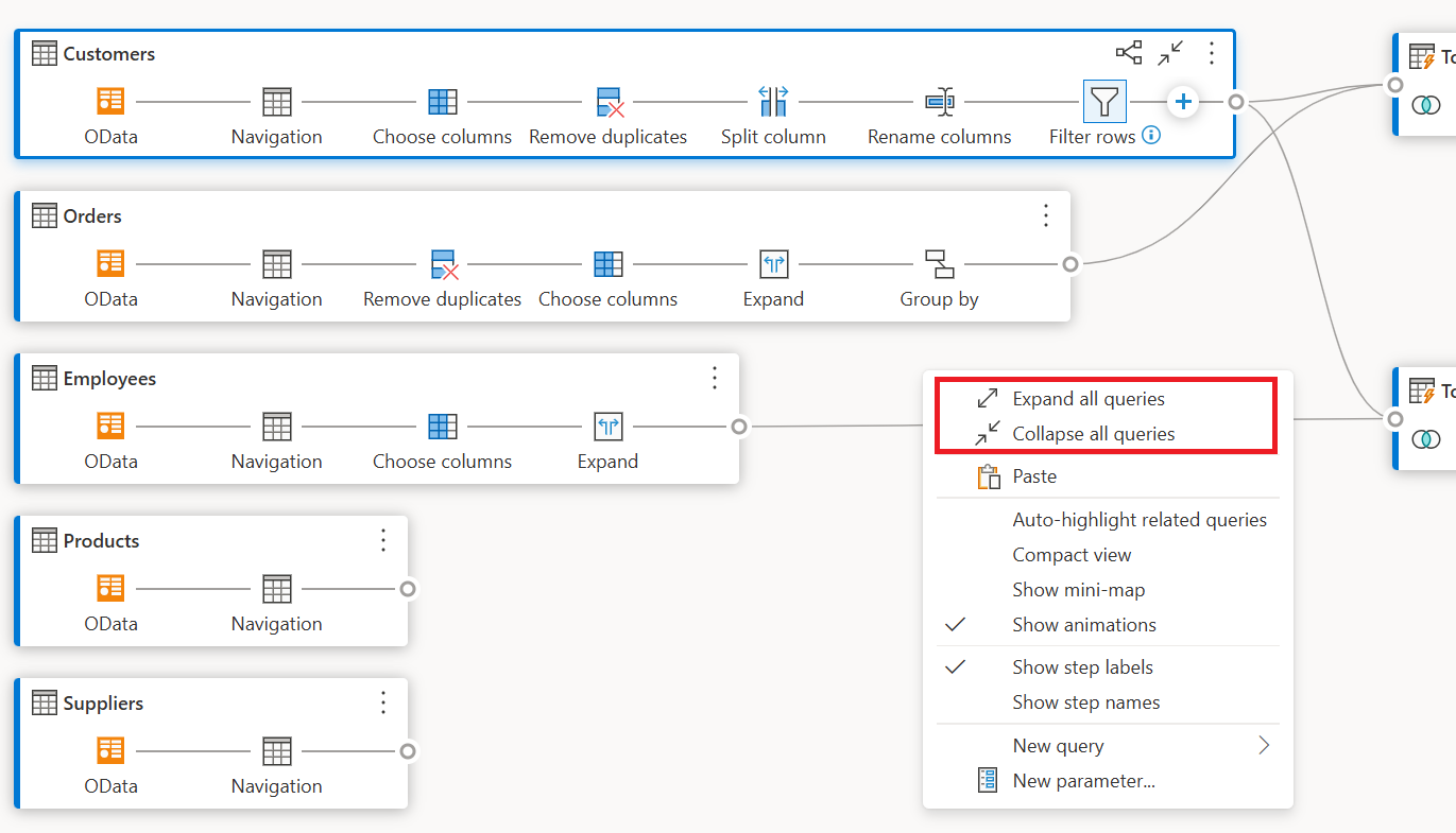 Menú contextual tras hacer clic con el botón derecho del ratón en cualquier espacio vacío del panel de vista de diagrama que muestra las opciones de consulta expandir todo y contraer todo.