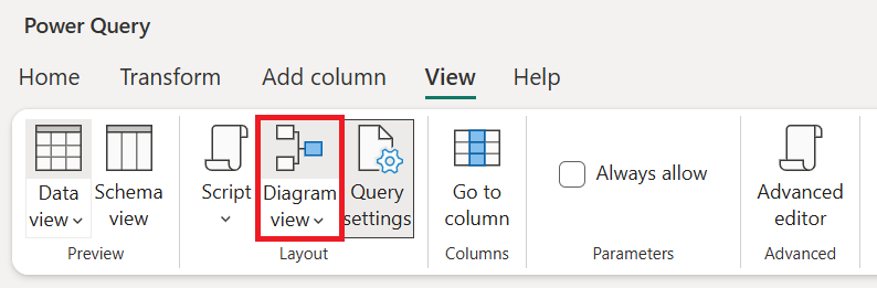 Opción Vista de diagrama dentro de la pestaña Ver de la cinta de opciones de Power Query.