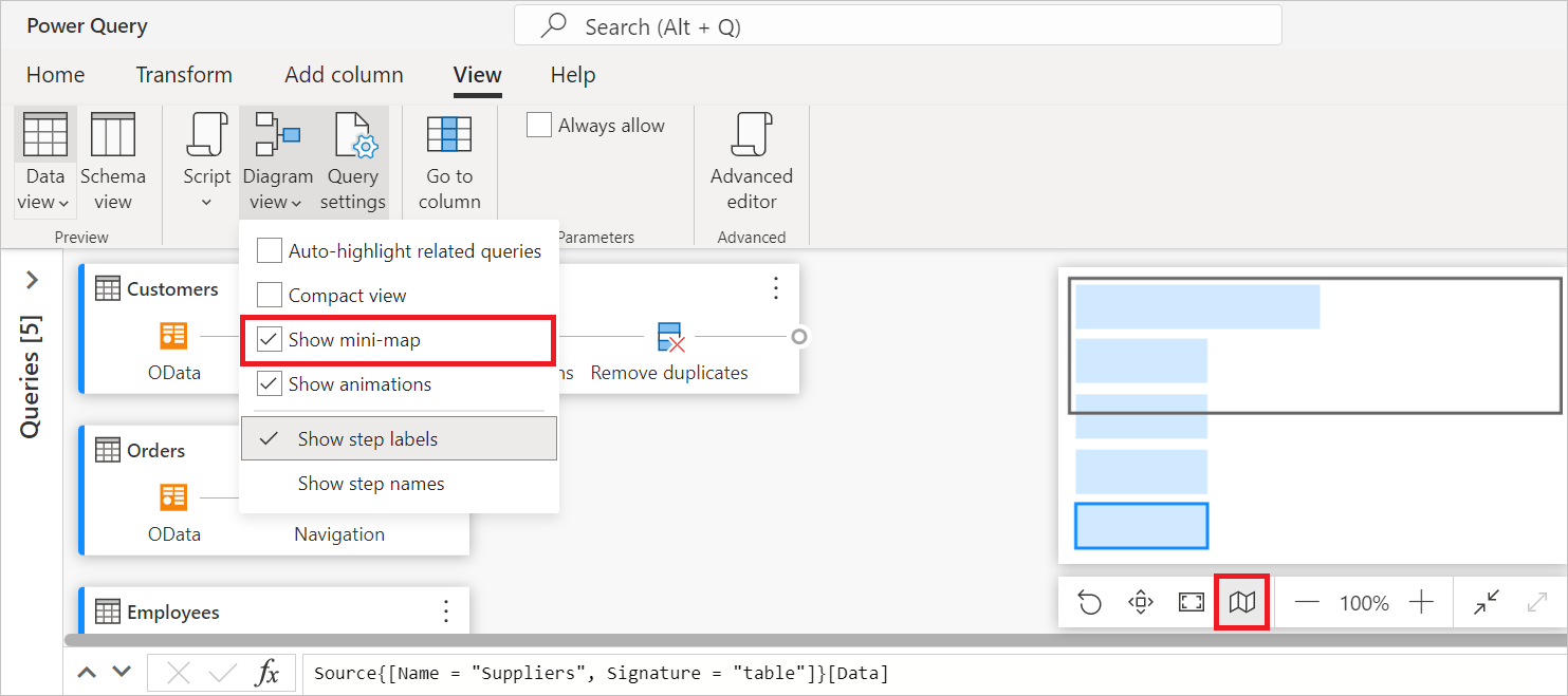 Configuración de la vista de diagrama con la vista compacta seleccionada y la miniasignación desplegada a la derecha.