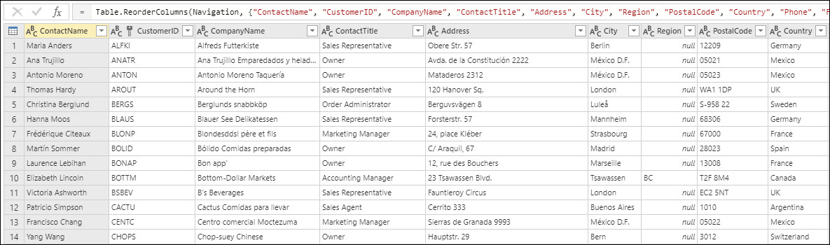 Tabla con la columna movida al extremo izquierdo de la tabla.