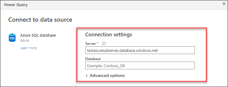 Configuración de la conexión del conector de bases de datos de Azure SQL Server, donde el único ajuste requerido es el nombre del servidor.