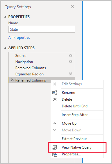 Example of determining that Power Query can achieve query folding in Power BI Desktop.