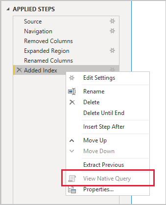 Example of determining that Power Query cannot achieve query folding in Power BI Desktop.