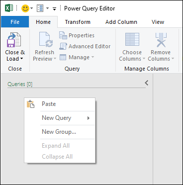 Pegue la consulta de Power BI Desktop en Power Query para Excel.