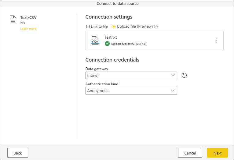 Captura de pantalla de la página de configuración del conector Text/CSV que se muestra después de quitar un archivo de texto en la vista de diagrama del editor de Power Query.