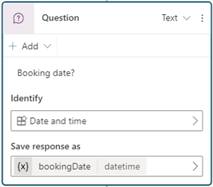 Captura de pantalla del nodo Pregunta con la entidad de fecha y hora elegida y un conjunto de variables.