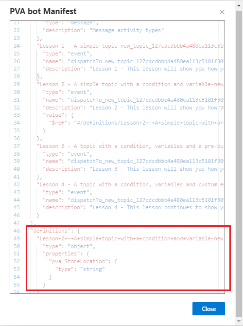 Captura de pantalla de un manifiesto de capacidad que destaca dónde encontrar variables de entrada para un tema de Microsoft Copilot Studio.