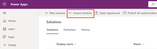 Captura de pantalla de la página Soluciones de Power Apps con el botón Importar soluciones resaltado