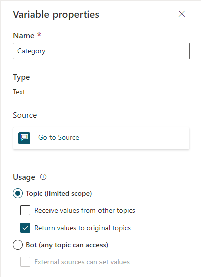 Captura de pantalla del lienzo de creación que muestra el panel Propiedades de las variables con la opción Devolver valores a temas originales seleccionada