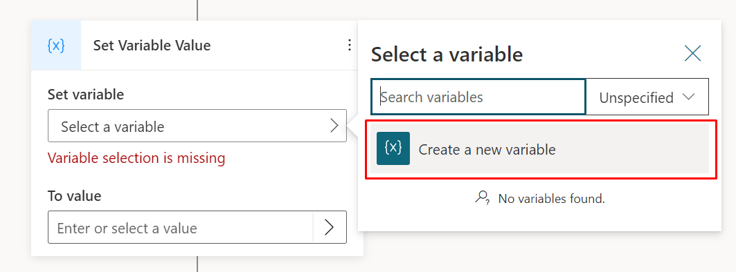 Captura de pantalla del botón Crear una nueva variable.