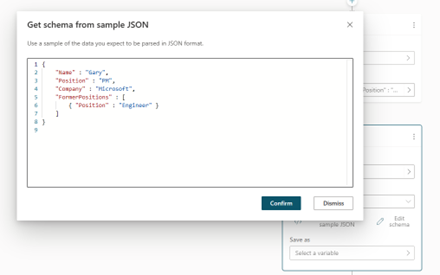 Captura de pantalla que muestra 'Obtener esquema de json de muestra.