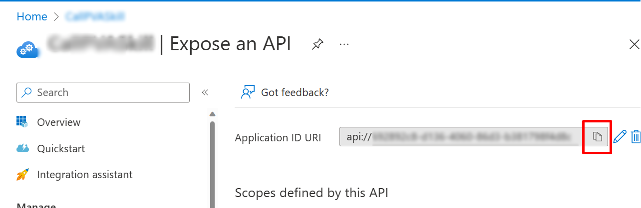 Captura de pantalla de dónde encontrar el URI de Id. de la aplicación en Azure Portal.