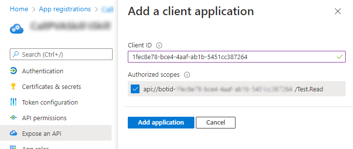 Captura de pantalla del Id. de cliente ingresado en el panel Agregar una aplicación de cliente.