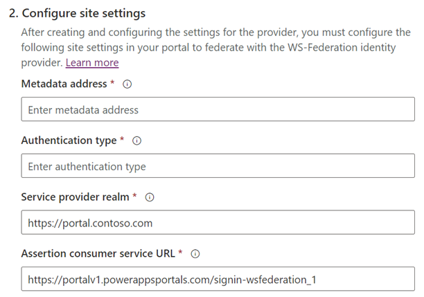 Configurar los ajustes del sitio de WS-Federation.
