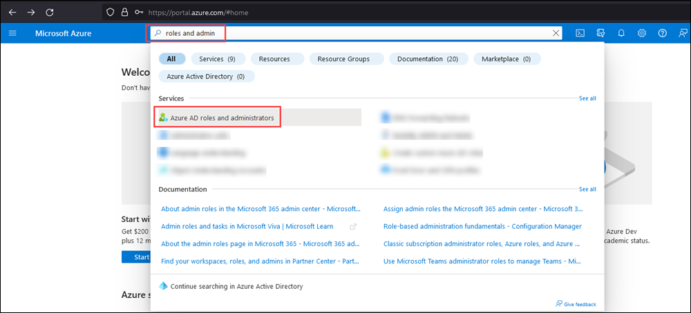 Captura de pantalla que muestra Microsoft Entra roles y administradores en los resultados de búsqueda de la página principal del Azure Portal.