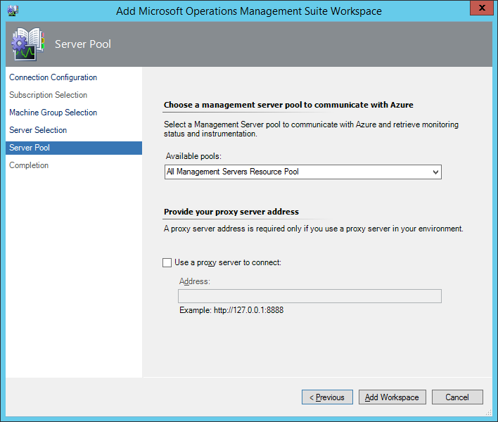 Captura de pantalla de la página Server Pool (Grupo de servidores) de Add Microsoft Operations Management Suite Workspace (Agregar área de trabajo de Microsoft Operations Management Suite) con la opción All Management Servers Resource Pool (Grupo de recursos de todos los servidores de administración) seleccionada.