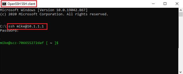 Captura de pantalla del inicio de sesión del símbolo del sistema SSH abierto.
