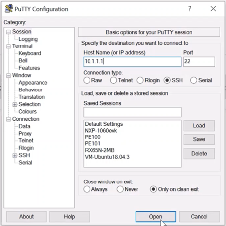 Captura de pantalla de la ventana de configuración PuTTY.