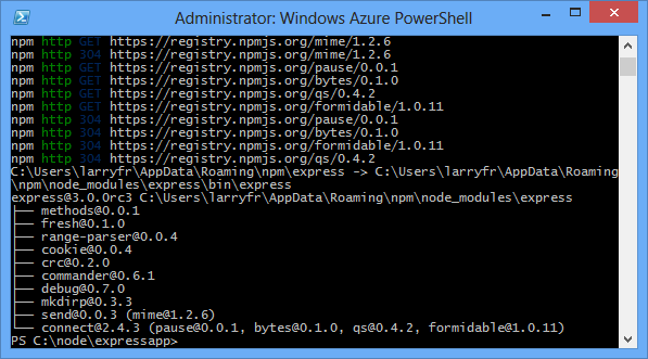 Windows PowerShell muestra la salida del comando npm install express.