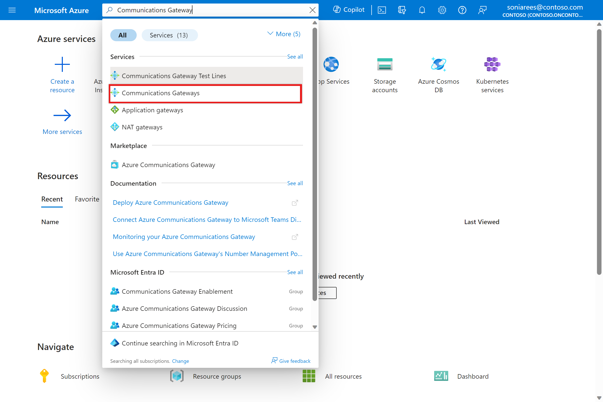 Captura de pantalla de Azure Portal. Muestra los resultados de una búsqueda de Azure Communications Gateway.