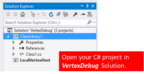 Captura de pantalla del explorador de soluciones en Visual Studio, en la que se muestra la solución VertexDebug.