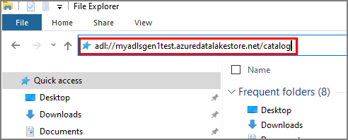 Muestra la dirección URL de una carpeta en una cuenta de Data Lake Storage Gen1 que se copia en la ventana Explorador de archivos