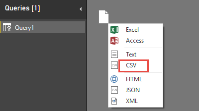 Captura de pantalla del Editor de consultas con la opción CSV resaltada.