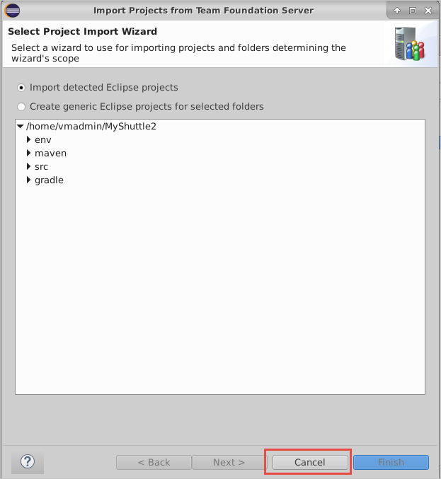 Screenshot of Import Projects from Team Foundation Server dialog. 