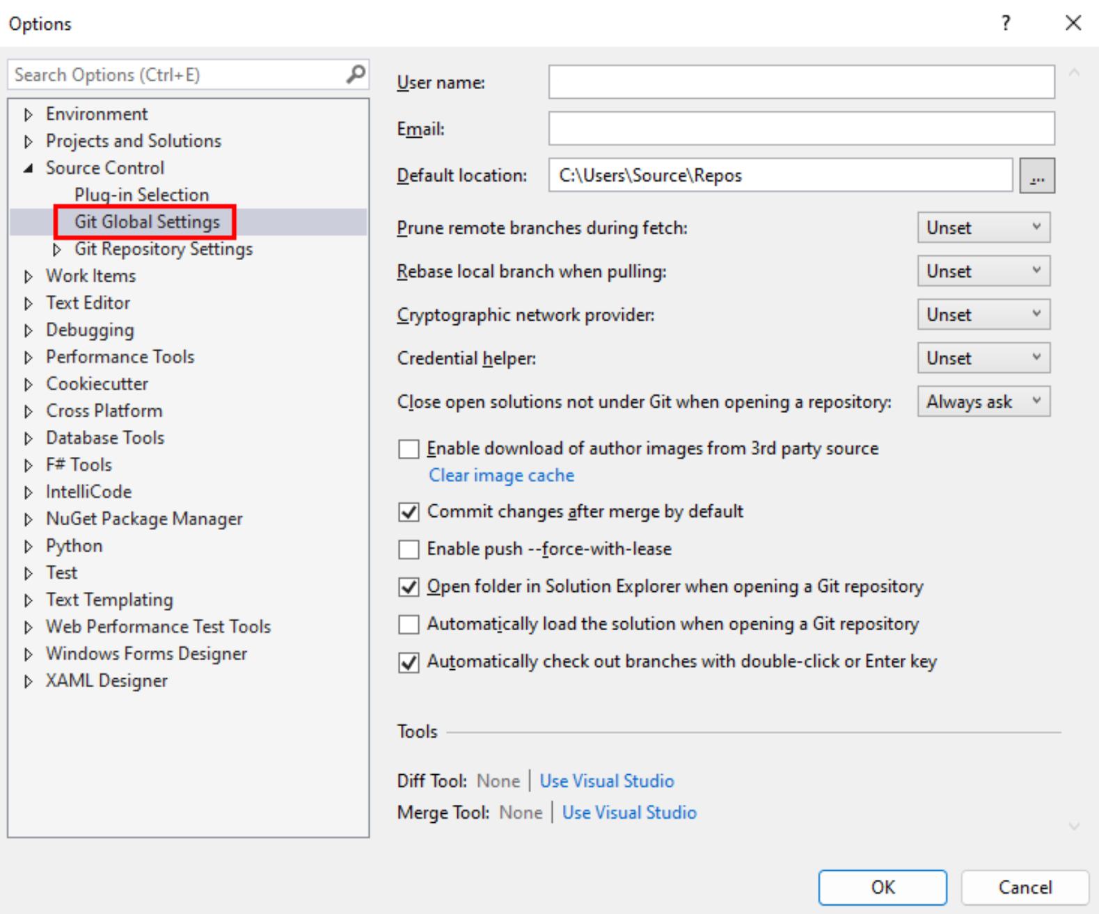 Captura de pantalla de Valores globales de Git en el cuadro de diálogo Opciones de Visual Studio.