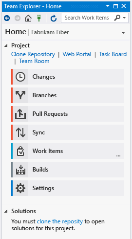 Team Explorer Home page with Git as source control
